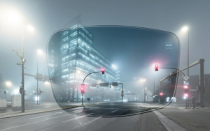 Zeiss Brillenglas in einer dunklen Stadt